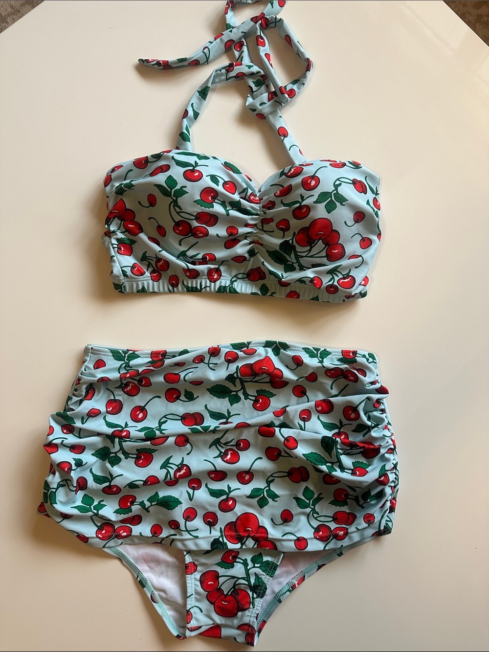 NWOT High-Waist Cherry Print Bikini Set - Pale Blue & Red - Picture 2 of 2